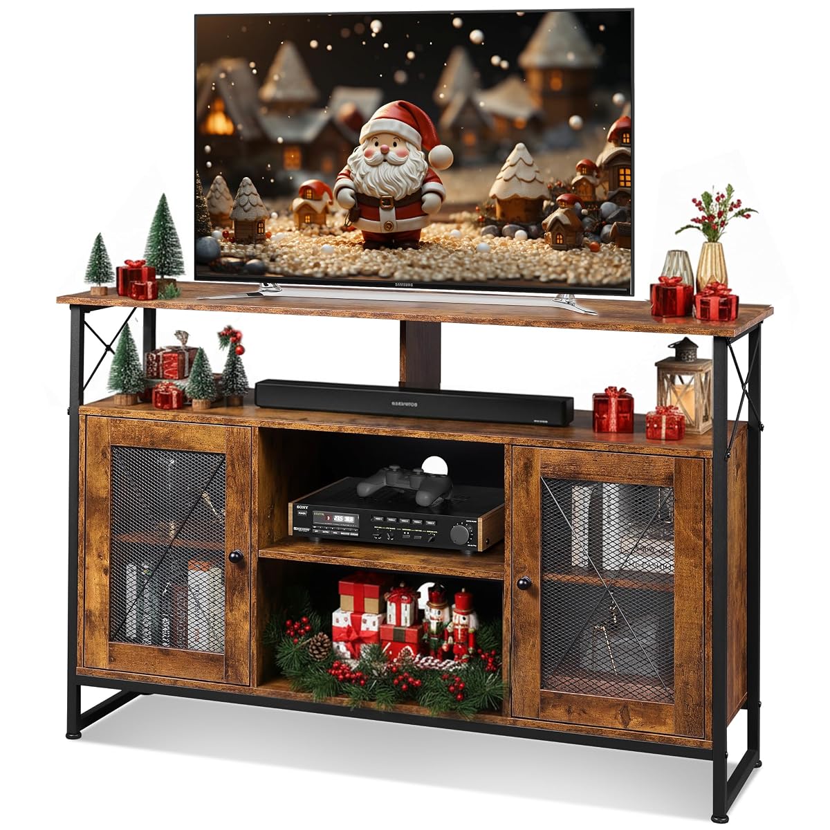 TV Stand 55 inch TV, Tall Entertainment Center with Storage, Farmhouse Industrial TV Console for Bedroom Living Room, Rustic Brown
