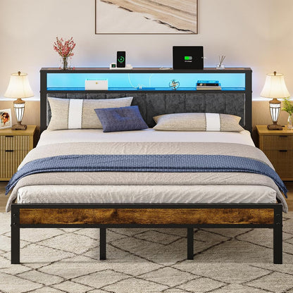 King Size Bed Frame with LED Lights, Upholstered Headboard