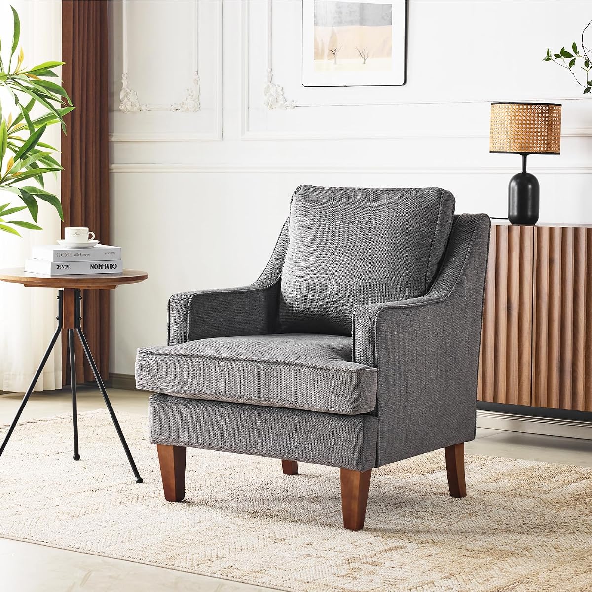 Mid-Century Accent Chairs, Light Grey Upholstered Armchair Comfy Sofa Chair Reading Chair High Back Living Room Bedroom Furniture for Apartment