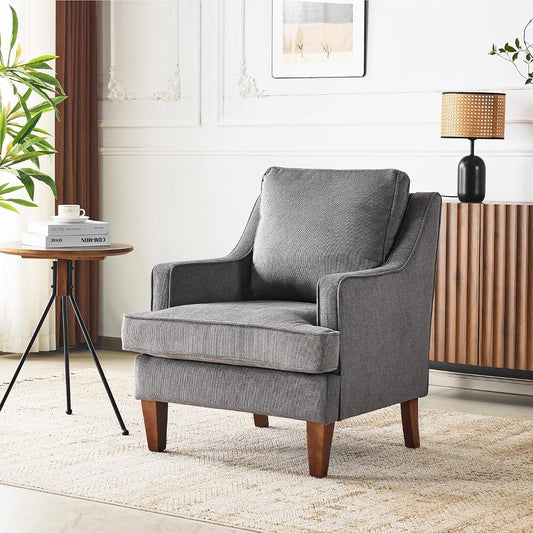 Mid-Century Accent Chairs, Light Grey Upholstered Armchair Comfy Sofa Chair Reading Chair High Back Living Room Bedroom Furniture for Apartment