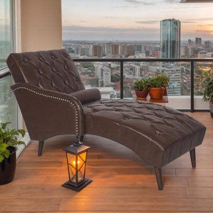 PU Leather Chaise Lounge Chair Indoor, Side Armrest, Dark Brown