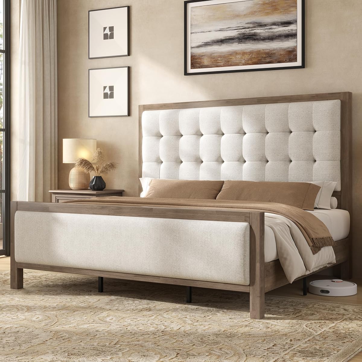 Queen Solid Wood Bed Frame 50" Tall Headboard&Footboard, Ash Grey