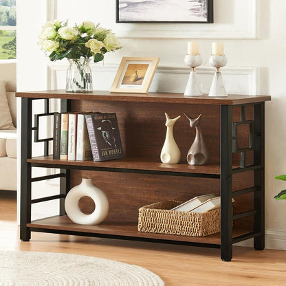 Book Shelf, 3 Tier Long Bookshelf with Storage, Engineered Wood and Metal Shelf Bookcase, Low Short Bookcases for Small Space, Living Room, Bedroom, Office, Rustic Brown