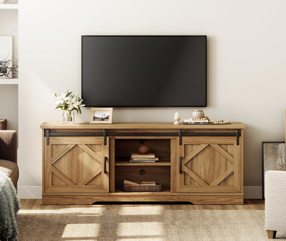 Modern Farmhouse TV Stand for up to 75 inch TV, 25.6"H