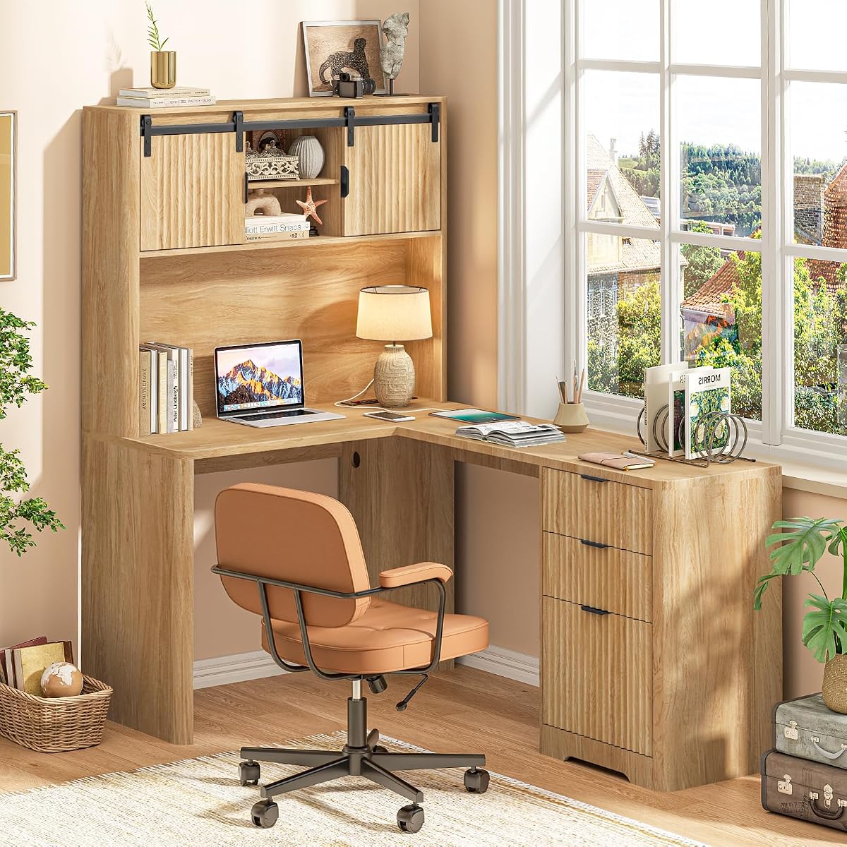 Farmhouse 68" L Shaped Fluted Desk with Hutch and Sliding Doors,Oak