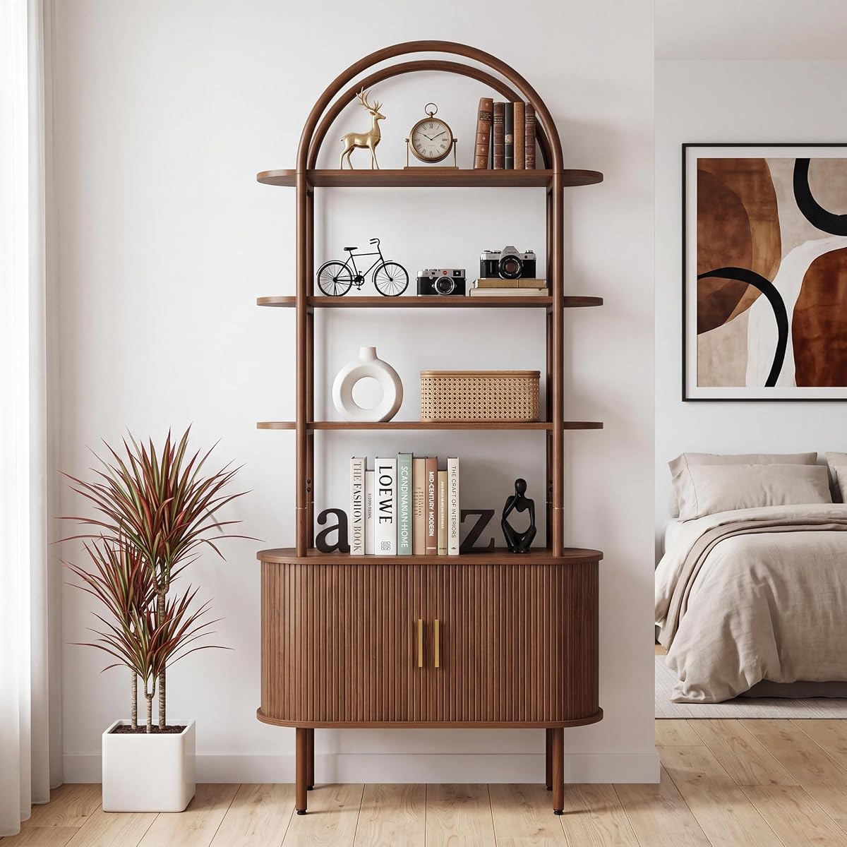 71" Tall Arched Bookshelf, Mid Century Modern Bookcase