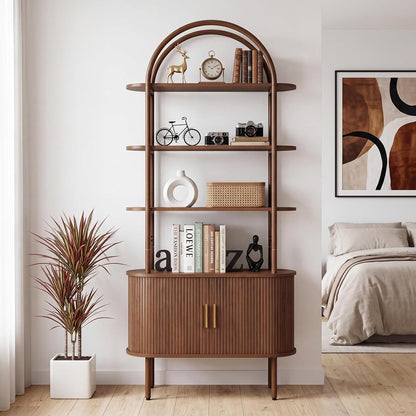 71" Tall Arched Bookshelf, Mid Century Modern Bookcase