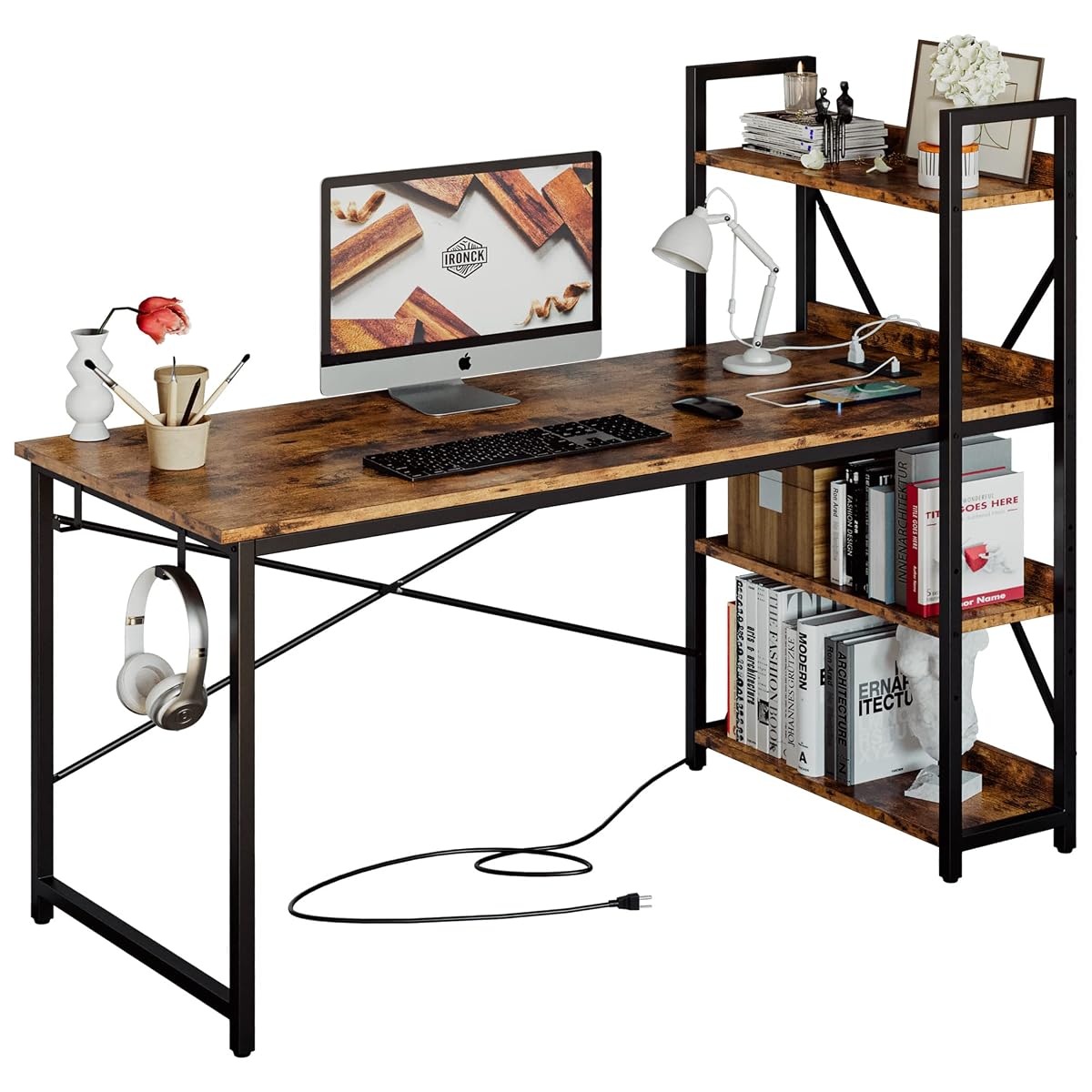 Computer Desk 55" with Power Outlet and Storage Shelves,Rustic Brown