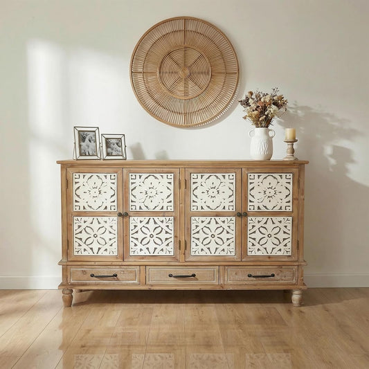 59" French Country Vintage Sideboard Buffet Cabinet with Embossed Floral Metal Doors and Solid Wood Frame, Retro Storage Cabinet for Kitchen, Living Room,Natural Wood