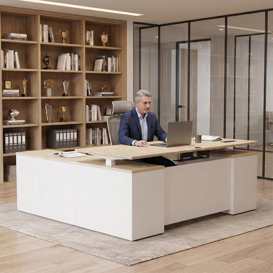 71" L Shaped Executive Standing Desk with File Cabinet, Power Outlet & USB