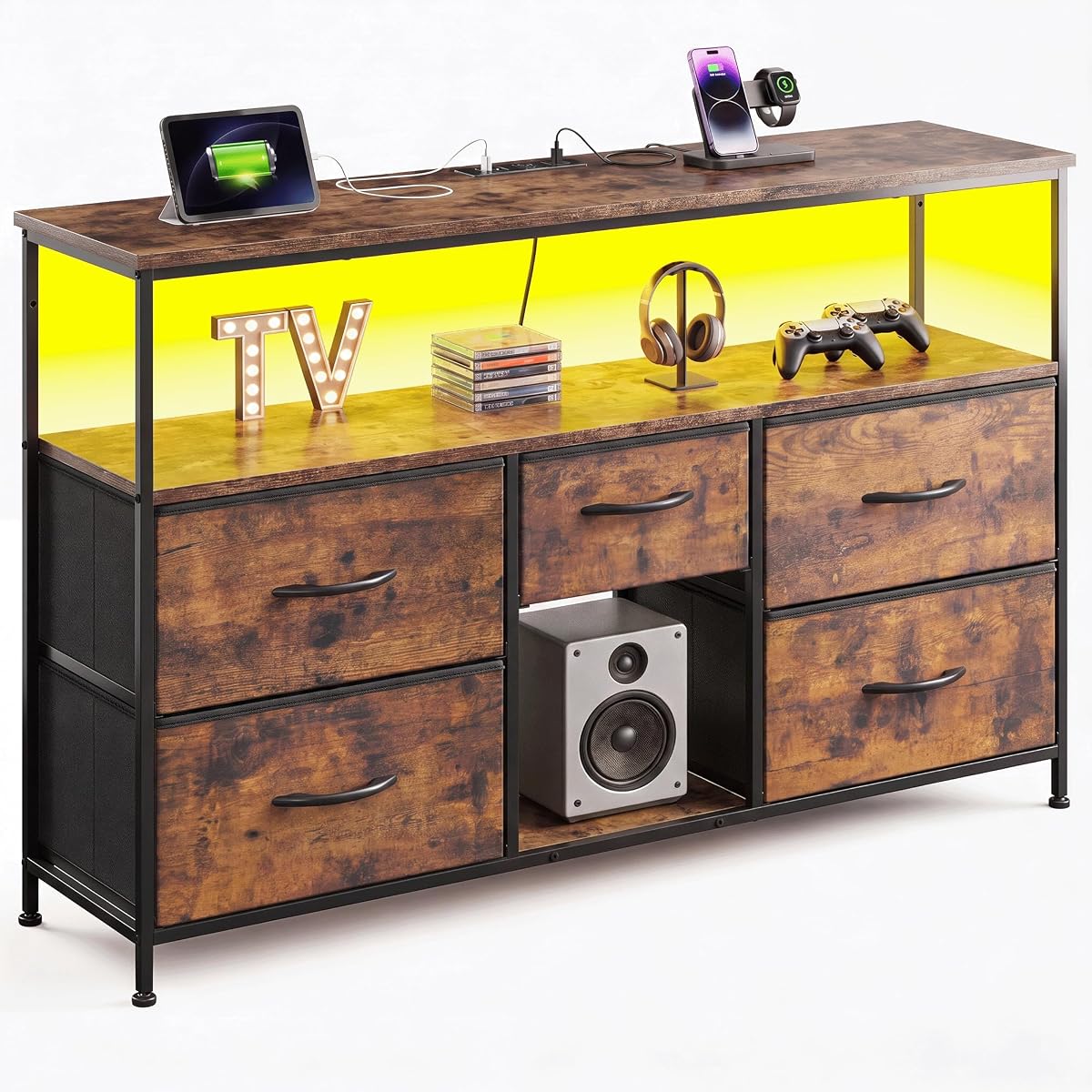 TV Stand for 45/50" TVs, 5 Drawers & LED Lights & Power Outlets | Strong Metal Frame for Stability, Spacious Shelves Display Collections & Keep Organized, Dresser for Bedroom & Studio, Brown