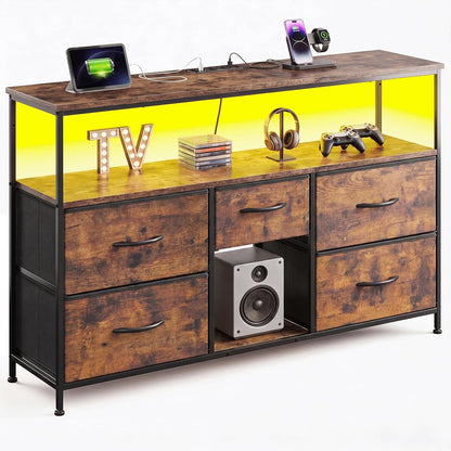 TV Stand for 45/50" TVs, 5 Drawers & LED Lights & Power Outlets | Strong Metal Frame for Stability, Spacious Shelves Display Collections & Keep Organized, Dresser for Bedroom & Studio, Brown