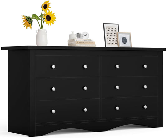 Dresser for Bedroom, 6 Wood Dresser, Chest of Drawers, for TV up to 65 Inch, TV Stand Storage Chest of Drawers for Hallway Entryway (Black)