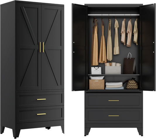 Black Metal Wardrobe Closet, Armoire Wardrobe with Two Drawers Clothes Cabinet for Bedroom, 71" Tall Farmhouse Steel Armoire Closet with Drawers and 2 Doors Clothing Storage Cabinet with Hanging Rod