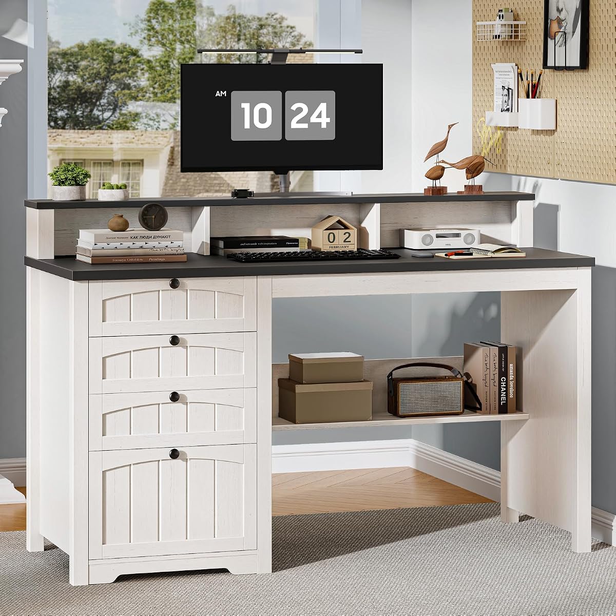 47" Farmhouse Home Office Desk with 4 Drawers, Rustic White and Black
