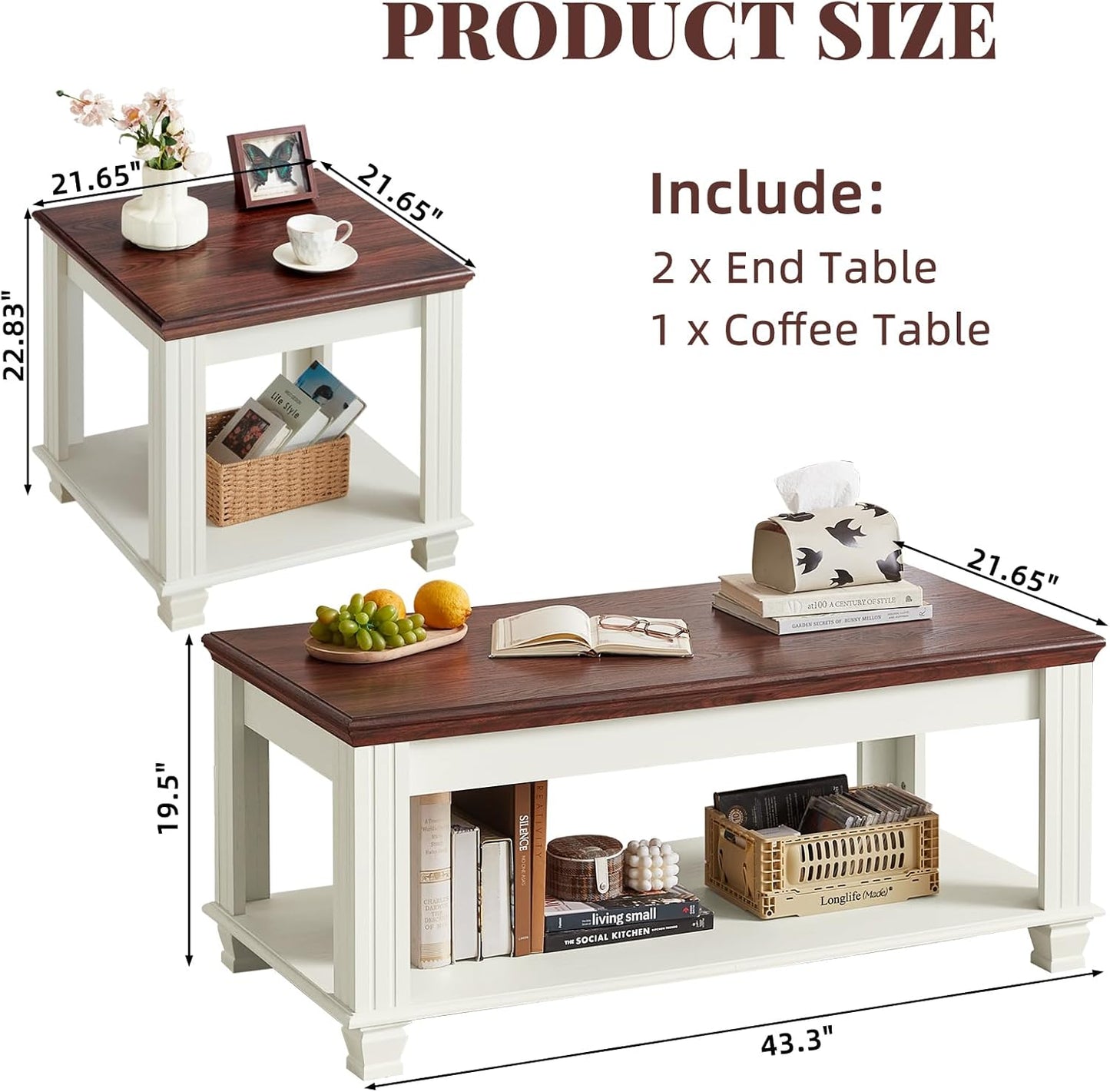 Farmhouse Coffee Table Set of 3, Rustic Wood 3 Piece Coffee and End Table Sets with Open Shelf for Living Room, White