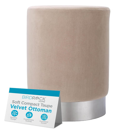 Round Ottoman Foot Stool – Modern Soft Padded Velvet Vanity Chair with Silver Metal Trim – Accent Chair or Foot Rest for Living Room, Bedroom, or Dressing Room (Taupe)