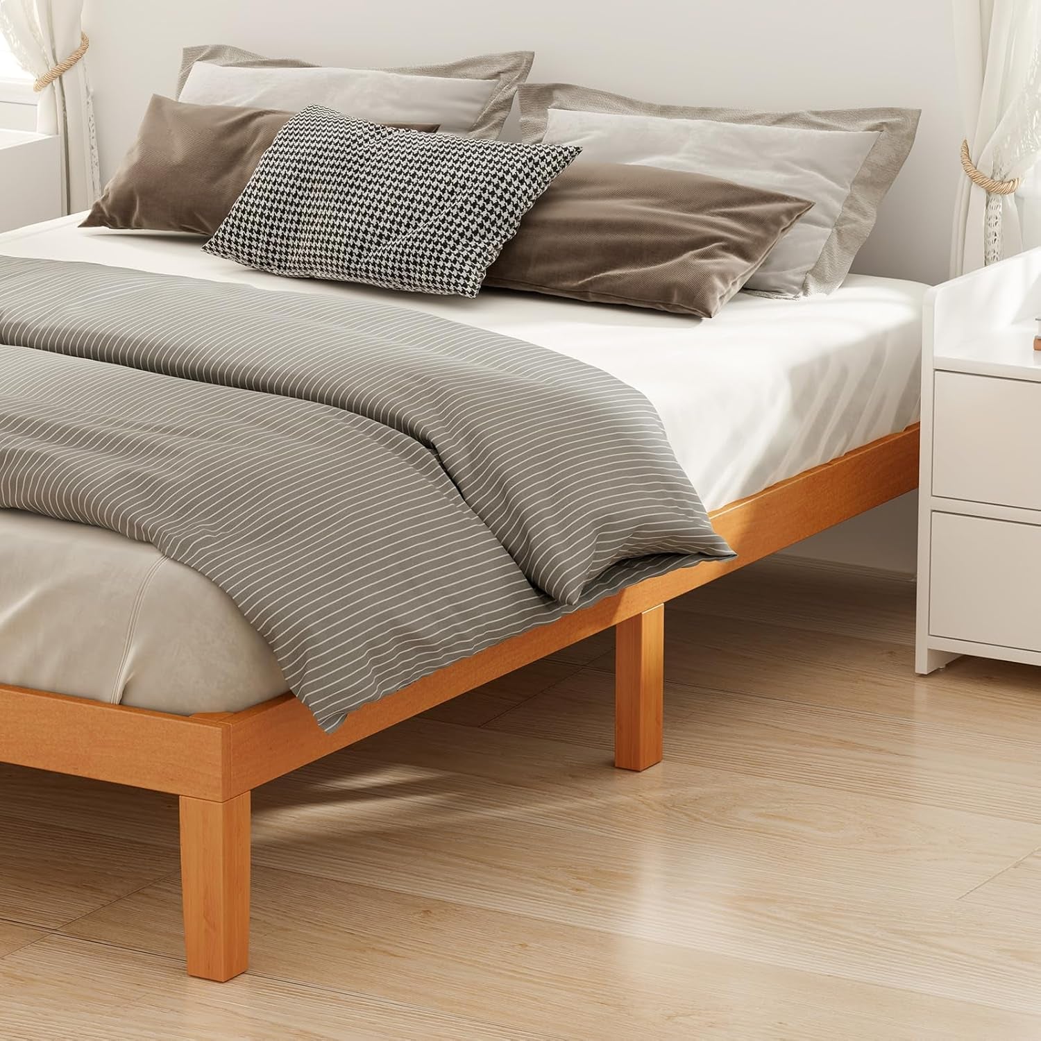Solid Wood Bed Frame, Queen Size Bed Base with Wooden Slat Support, Sturdy, Stylish & Noise-Free Design, No Box Spring Needed, Easy Assembly, 12 in Natural Pine