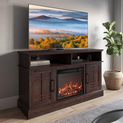 48" TV Stand with 18" Electric Fireplace Heater, Modern TV Stand for TVs up to 50", Entertainment Media Stand with Open Shelves and Storage Cabinets for Living Room, Bedroom (Espresso)