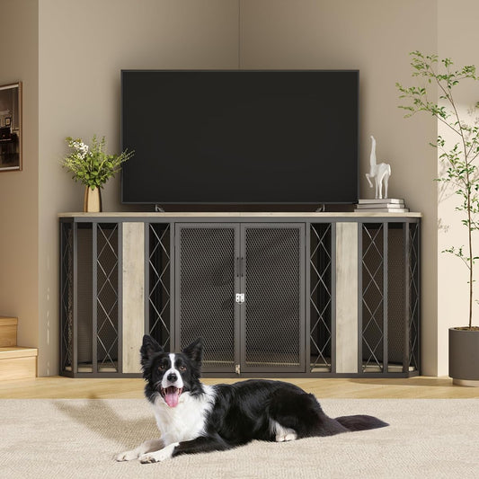 Spacesea XL Corner Dog Crate Furniture, 67" Wooden Corner Dog Kennel