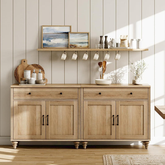 WAMAPT Buffet Cabinet with 4 Doors and 2 Drawers, Large Coffee Bar Table Wood Kitchen Storage Cabinets with Storage Cabinets, Modern Farmhouse Sideboard Credenza for Dining Room, Oak, 68 inch