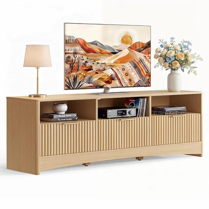 Fluted TV Stand for 65 inch TV, Modern Entertainment Center with Drawers, Boho TV Stands Wood Media Console Cabinet with Storage and Shelves, TV Consoles for Living Room, Bedroom, Oak