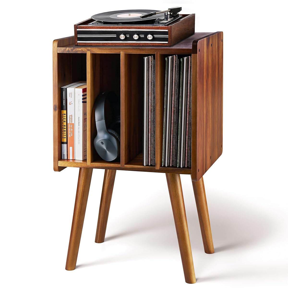 Wooden LP Record Player Stand with 4 Cabinets, Holds up to 100 Vinyls
