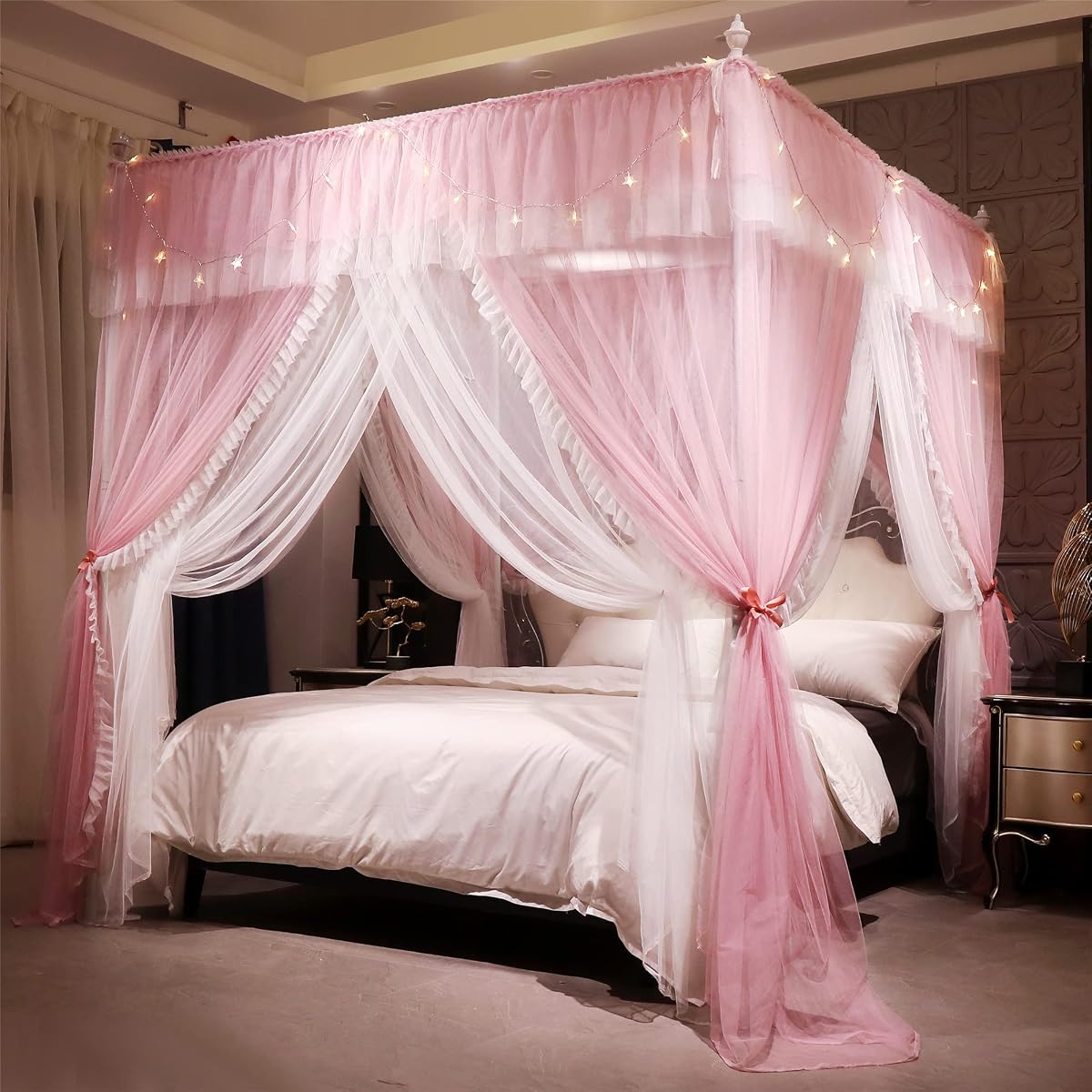 4 Corners Post Ruffle Princess Bed Canopy Curtain-Double Layer Cozy Drape