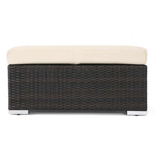 Outdoor Wicker Ottoman with Cushion for Stylish Patio Furniture, Versatile Garden Footrest or Extra Seating, Comfortable and Durable, Beige