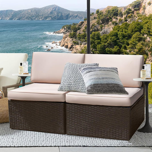 2 Pieces Patio Furniture Sets,Wicker Outdoor Sofa with Thick Cushion and Pillow,Small Sectional Couch All-Weather Armless Sofa for Backyard,Porch & Poolside,Waterproof Patio Furniture