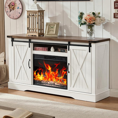 58" Fireplace TV Stand for TV up to 65 Inch with Farmhouse Tall Sliding Barn