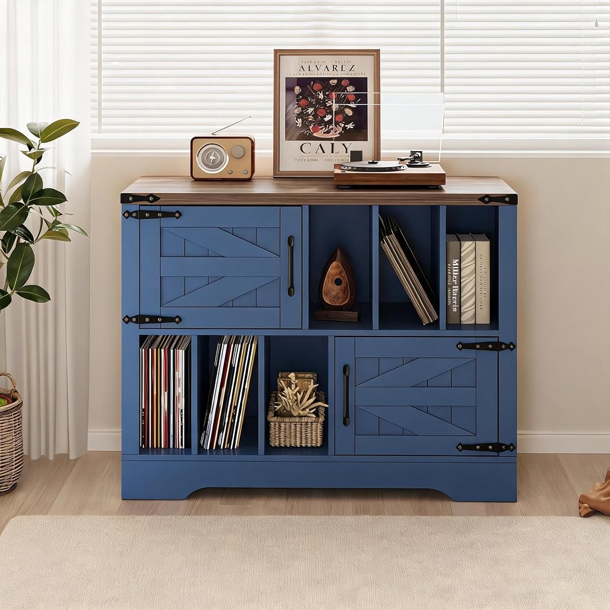 Large Farmhouse Record Player Stand with Vinyl Storage