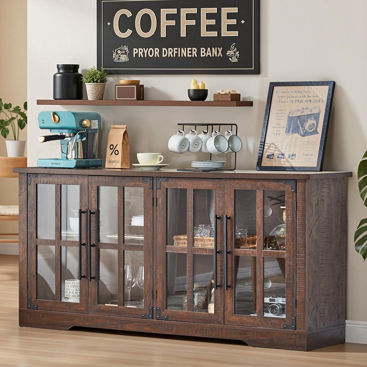 Farmhouse 63" Buffet Sideboard Cabinet with Glass Door, Brown