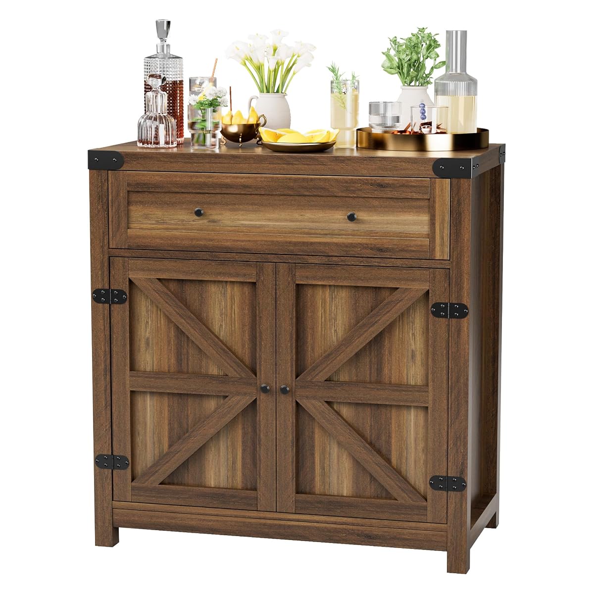 Coffee Bar Cabinet Farmhouse Kitchen Sideboard Buffet Cabinet with Drawer and Adjustable Shelf Barn Door Storage for Kitchen, Dining Room, Bathroom, Entryway (Brown)