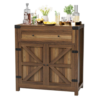 Coffee Bar Cabinet Farmhouse Kitchen Sideboard Buffet Cabinet with Drawer and Adjustable Shelf Barn Door Storage for Kitchen, Dining Room, Bathroom, Entryway (Brown)