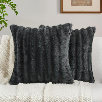Pack of 2 Faux Mink Fur Throw Pillow Covers 24x24 Inch Soft Fluffy Dyeing Striped Textured Farmhouse Decorative European Cushion Case Modern Home Decor for Couch Bed Living Room, Dark Grey