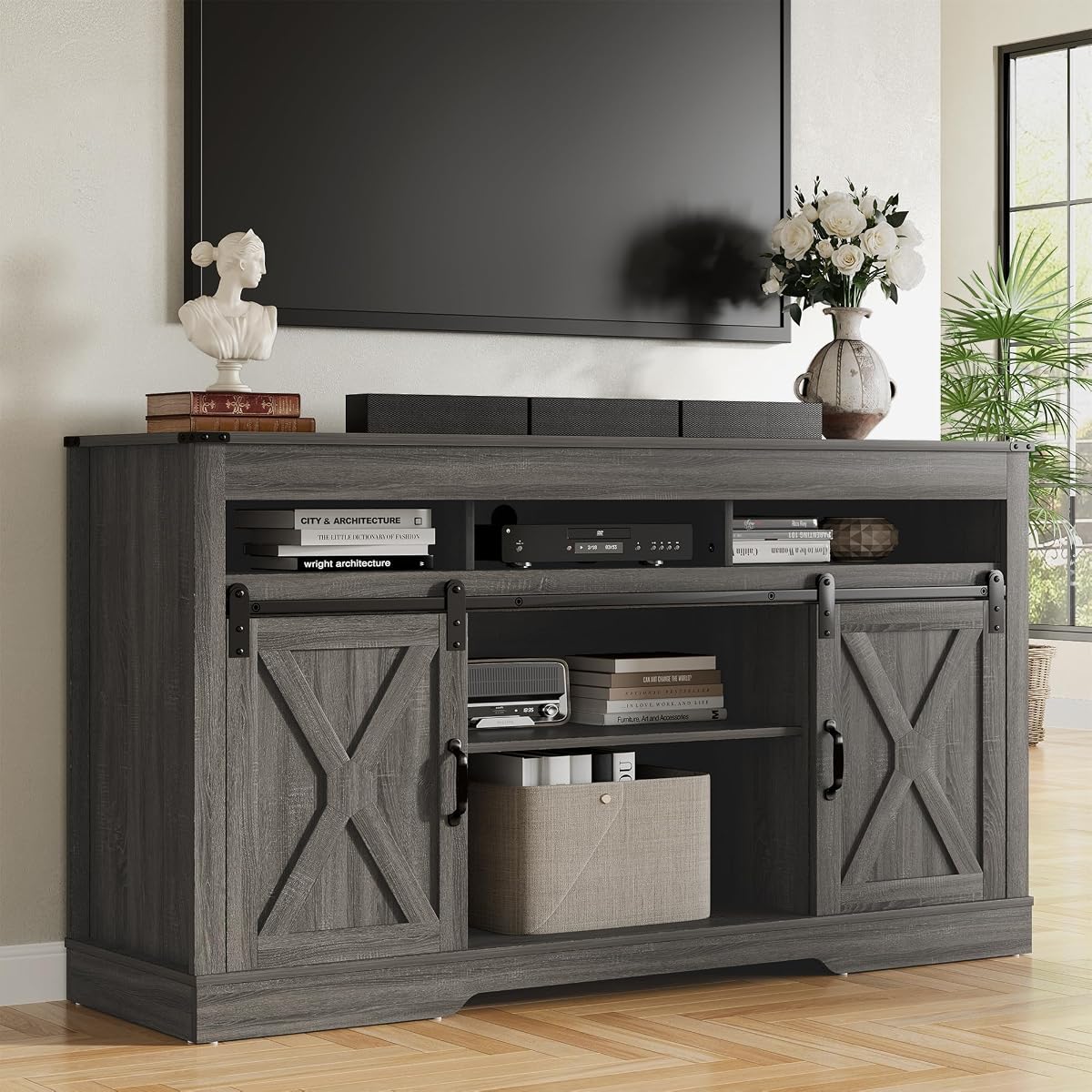 TV Stand for 65+ Inch TV: Farmhouse Entertainment Center with Storage, Wood TV Console Cabinets with Sliding Barn Door, Tall Media with Adjustable Shelves for Living Rooms, Gray