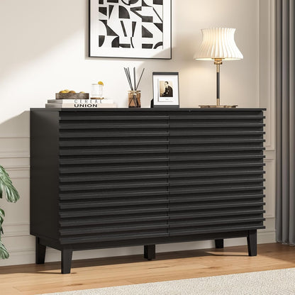 Wood Black 6 Drawer Dresser, Modern Wood Slat Double Dresser for Bedroom