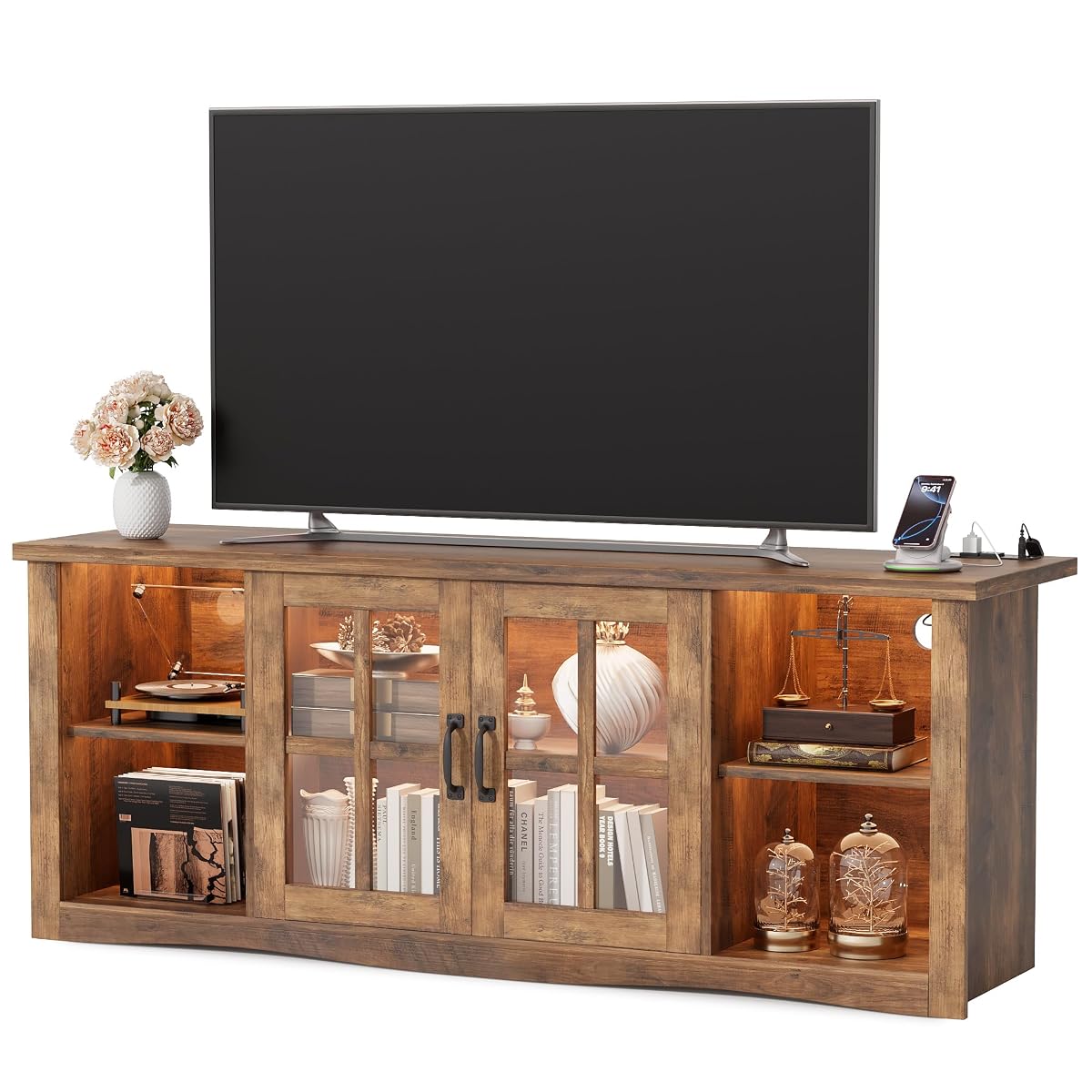 Farmhouse TV Stand, 58 Inch TV Stand for Living Room with Glass Doors, Fast Charge USB Hub & Adjustable LED Lights, Rustic TV Cabinet for TV up to 65 inch (Rustic Brown)