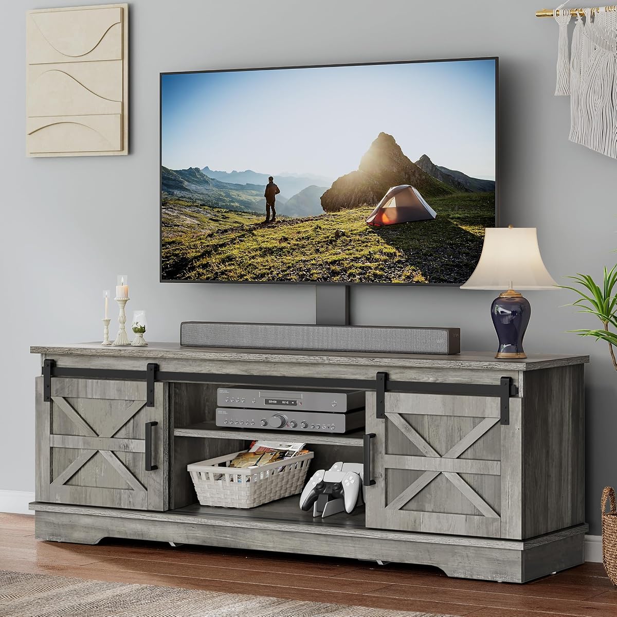 Farmhouse TV Stand for Living Room with Mount, Grey