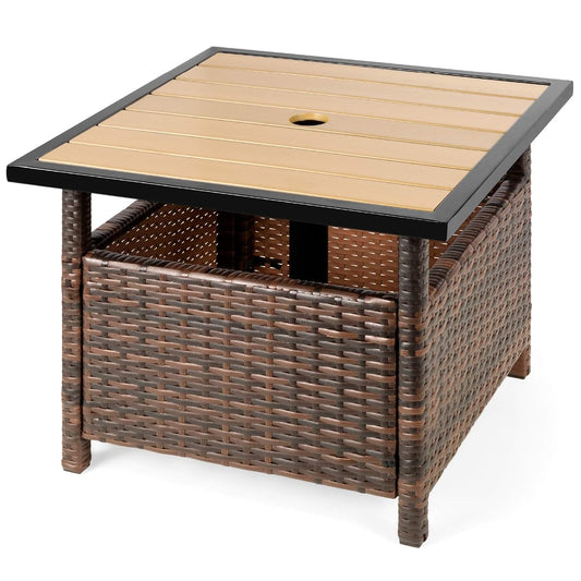 Brown wicker square side table with umbrella hole and storage