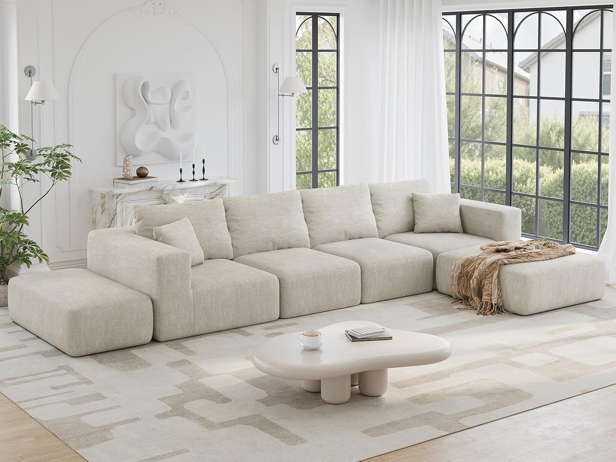 150" Oversized Boneless Sectional Couches for Living Room,Comfy Modern Modular Sectional Sofa,Extra Deep 6 Seater,Large Plush Cloud Sectional Couch,No Assembly Required,Beige Chenille