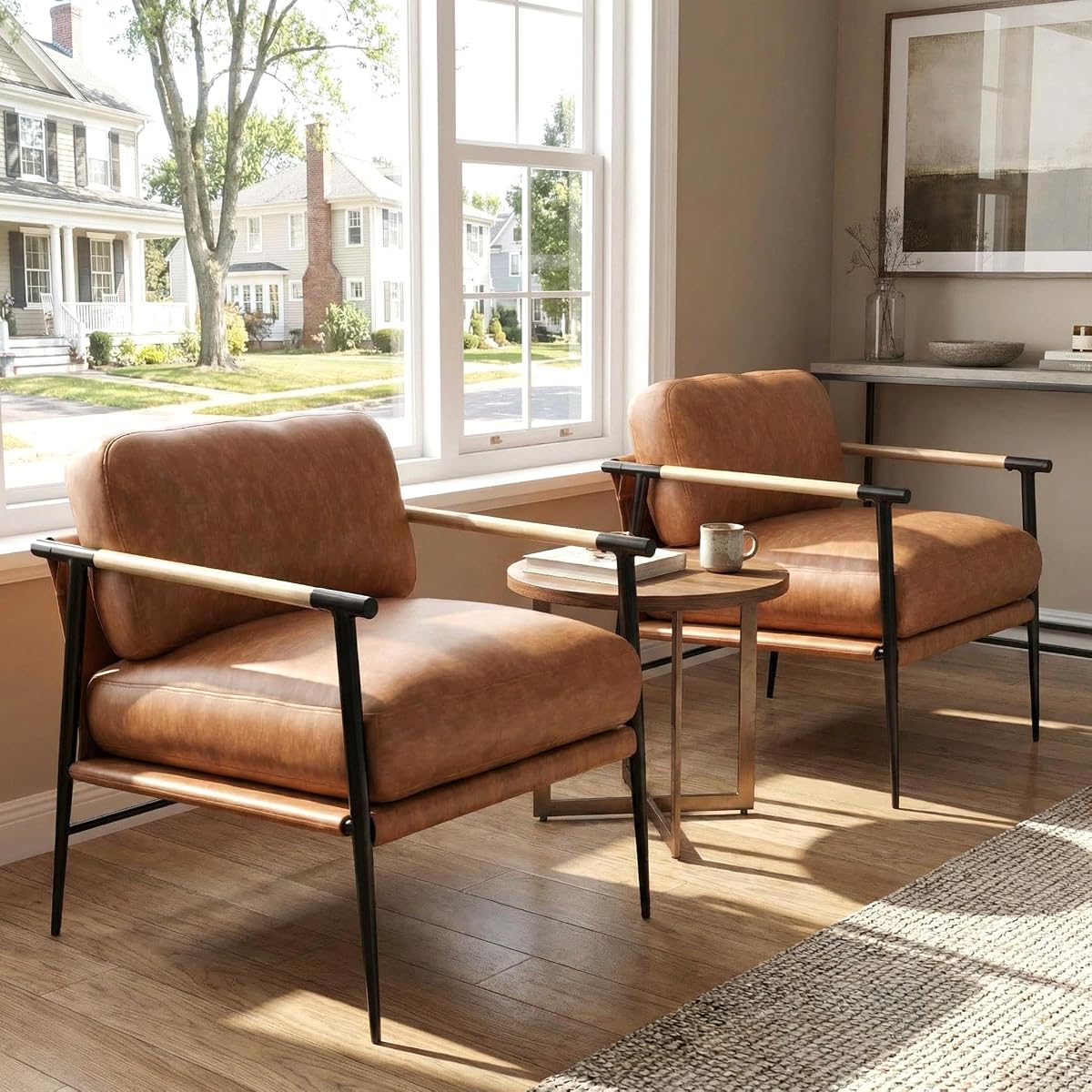Mid-Century Modern Accent Chair Set of 2 Armchair Brown PU Leather Sofa Lounge Bedroom Chair with Metal Leg for Living Room Reading Office