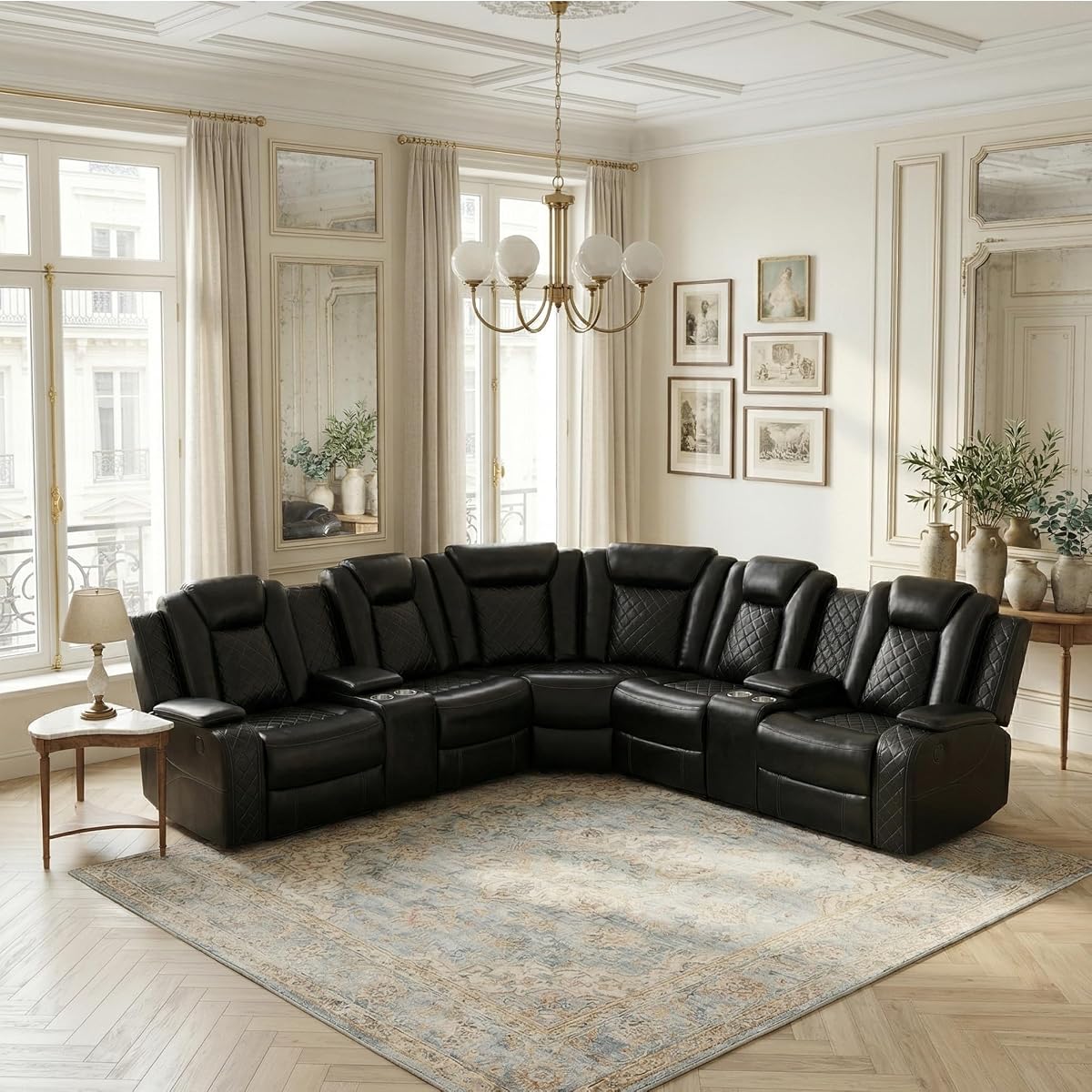 Power Reclining Sectional Sofa, Black Leather Recliner Corner Couch, Air Leather Sectional Living Room Funiture Set LED Lights/USB Port/Cup Holder for Living Room/Apartment/Office