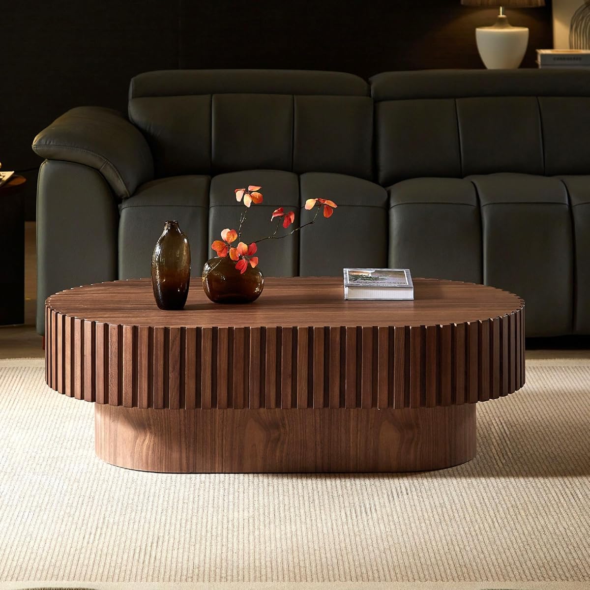 Oval Coffee Table 43.7" Wood CoffeeTable for Living Room Drum ModernCoffeeTable TeaTable Wooden Coffee Tables PedestalCoffeeTable Home Furniture Office Apartment Walnut