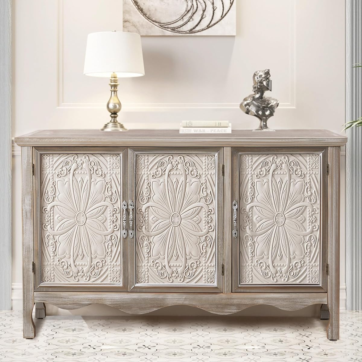 Farmhouse Sideboard Buffet Cabinet with Storage, 49" Solid Wood Credenza Buffet Table Coffee Bar Wine Bar Storage Cabinet with 3 Doors for Dining Room Living Room Hallway, (Provence Gray)