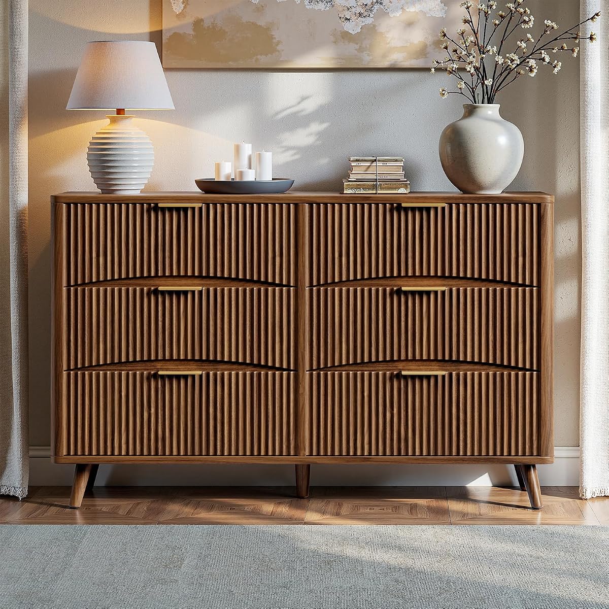 54" Wide Fluted 6 Drawer Dresser, Mid Century Modern Curved Dresser, Light Wood Chest of Drawers for Bedroom, Living Room and Entryway, Walnut