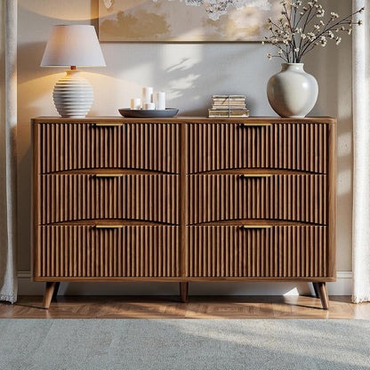 54" Wide Fluted 6 Drawer Dresser, Mid Century Modern Curved Dresser, Light Wood Chest of Drawers for Bedroom, Living Room and Entryway, Walnut