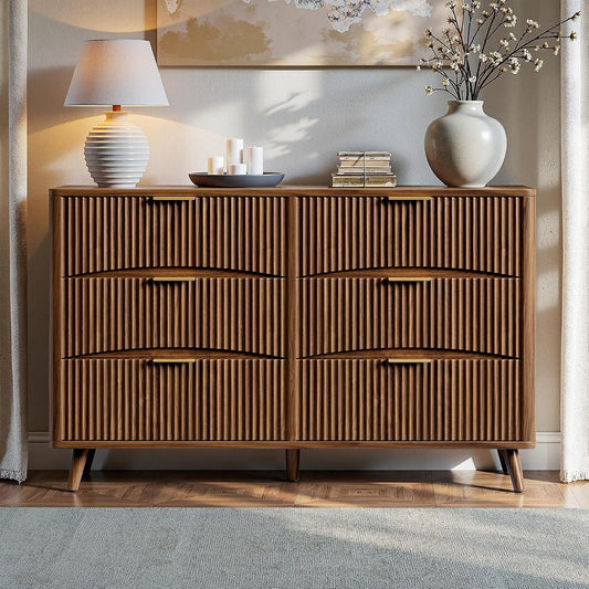 54" Wide Fluted 6 Drawer Dresser, Mid Century Modern Curved Dresser, Light Wood Chest of Drawers for Bedroom, Living Room and Entryway, Walnut