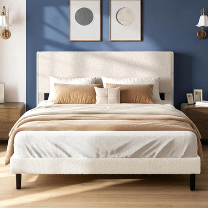 Queen Bed Frame, Upholstered Bed with Teddy Velvet Headboard, Beige